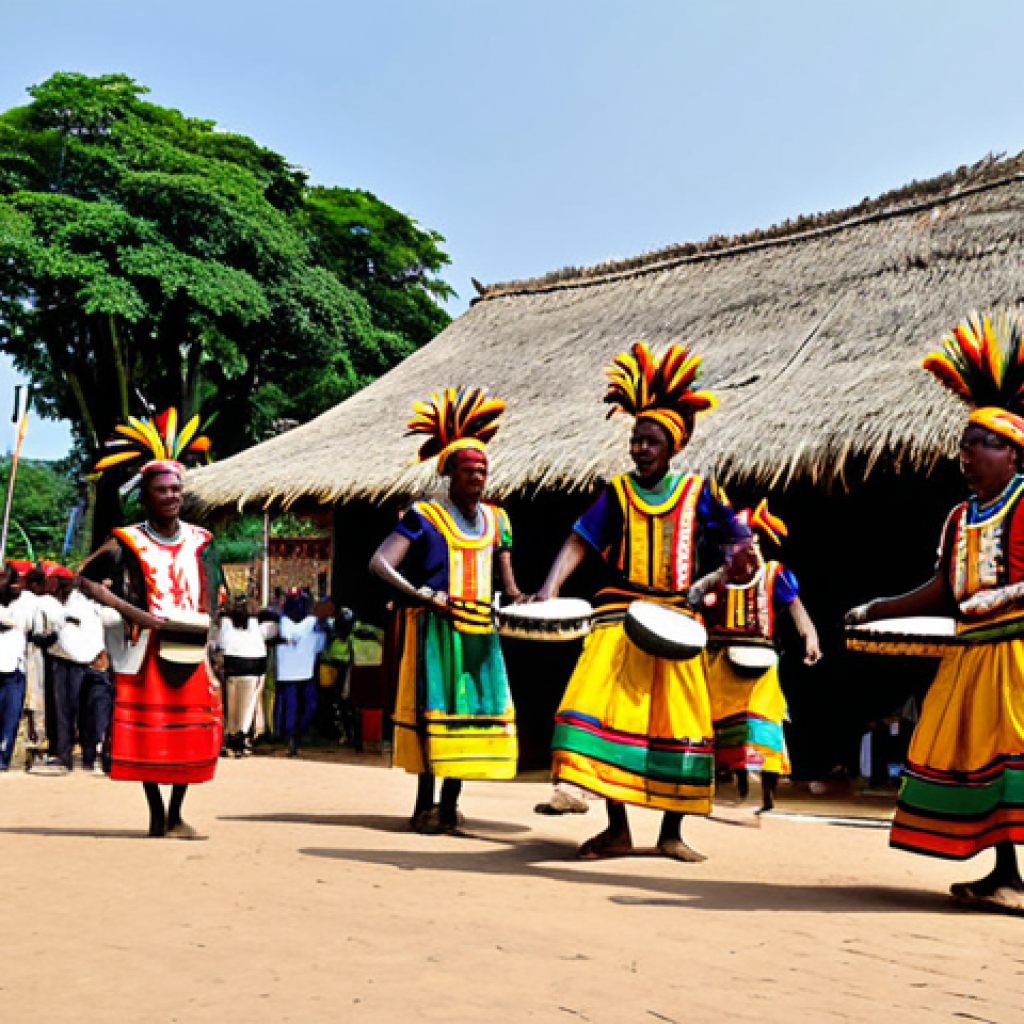 A group of vibrant Equatoguinean traditional dancers performing the energetic Balelé dance. They are fully clothed in colorful, modest traditional attire, adorned with cultural accessories like beads and small bells. Their movements feature fast, powerful footwork, with a natural pose and correct proportions. Accompanying them are musicians playing traditional drums and a balafon. The scene is set in an outdoor village square during a joyful community celebration. Professional photography, high quality, perfect anatomy, well-formed hands, proper finger count, natural body proportions, safe for work, appropriate content, family-friendly.