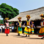 A group of vibrant Equatoguinean traditional dancers performing the energetic Balelé dance. They are fully clothed in colorful, modest traditional attire, adorned with cultural accessories like beads and small bells. Their movements feature fast, powerful footwork, with a natural pose and correct proportions. Accompanying them are musicians playing traditional drums and a balafon. The scene is set in an outdoor village square during a joyful community celebration. Professional photography, high quality, perfect anatomy, well-formed hands, proper finger count, natural body proportions, safe for work, appropriate content, family-friendly.