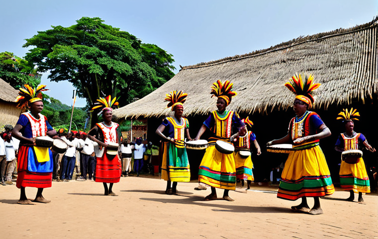 A group of vibrant Equatoguinean traditional dancers performing the energetic Balelé dance. They are fully clothed in colorful, modest traditional attire, adorned with cultural accessories like beads and small bells. Their movements feature fast, powerful footwork, with a natural pose and correct proportions. Accompanying them are musicians playing traditional drums and a balafon. The scene is set in an outdoor village square during a joyful community celebration. Professional photography, high quality, perfect anatomy, well-formed hands, proper finger count, natural body proportions, safe for work, appropriate content, family-friendly.