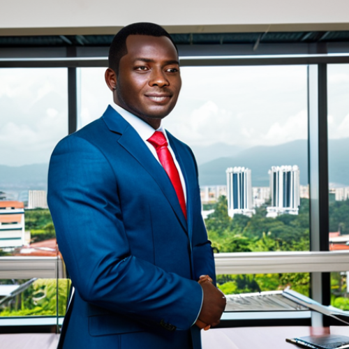 A confident professional executive stands in a brightly lit, modern office overlooking a bustling city skyline of Malabo, Equatorial Guinea. The executive is dressed in a modest business suit with a crisp shirt, fully clothed, appropriate attire, professional dress. The office environment features contemporary furniture and a large glass window. The image is captured with professional photography quality, featuring soft, natural lighting, highlighting a sense of professionalism and global connectivity. safe for work, appropriate content, fully clothed, professional, perfect anatomy, correct proportions, natural pose, well-formed hands, proper finger count, natural body proportions, family-friendly.