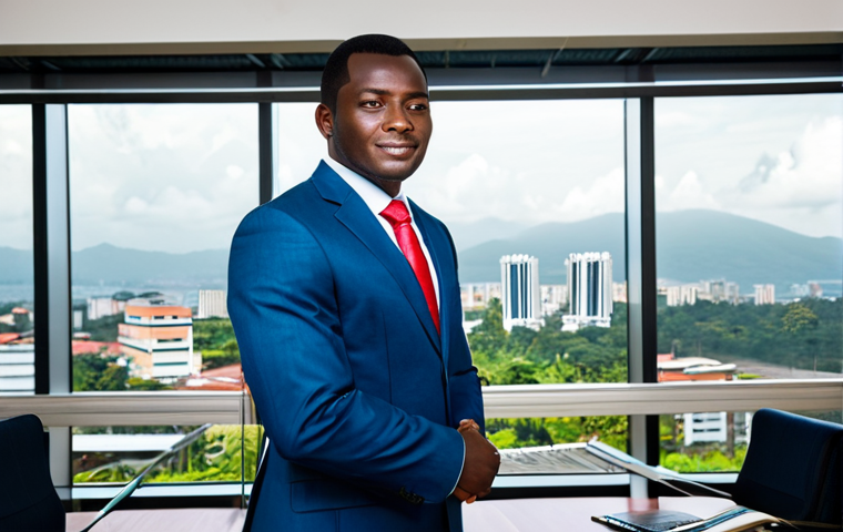 A confident professional executive stands in a brightly lit, modern office overlooking a bustling city skyline of Malabo, Equatorial Guinea. The executive is dressed in a modest business suit with a crisp shirt, fully clothed, appropriate attire, professional dress. The office environment features contemporary furniture and a large glass window. The image is captured with professional photography quality, featuring soft, natural lighting, highlighting a sense of professionalism and global connectivity. safe for work, appropriate content, fully clothed, professional, perfect anatomy, correct proportions, natural pose, well-formed hands, proper finger count, natural body proportions, family-friendly.