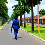 적도 기니의 현대 건축 및 랜드마크 - Modern Malabo Street Scene**

"A wide avenue in Malabo, Equatorial Guinea, lined with modern buildin...