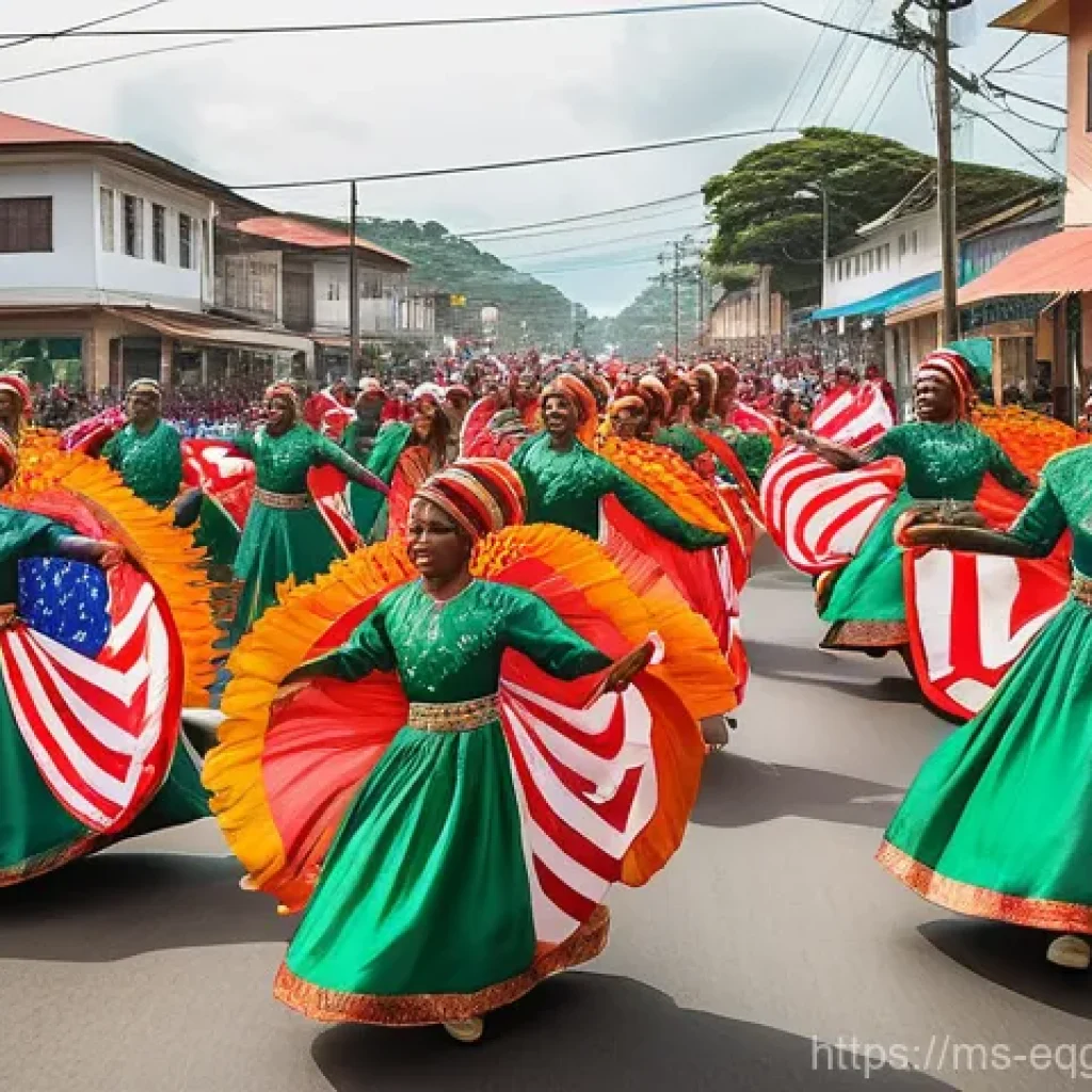 적도 기니의 국경일 및 공휴일 - **Equatorial Guinea Independence Day Parade:**
    A vibrant and joyful outdoor scene capturing Equa...