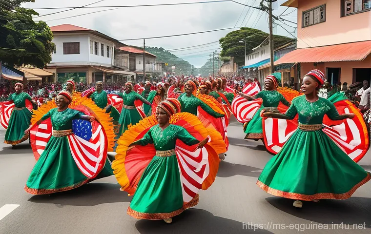적도 기니의 국경일 및 공휴일 - **Equatorial Guinea Independence Day Parade:**
    A vibrant and joyful outdoor scene capturing Equa...