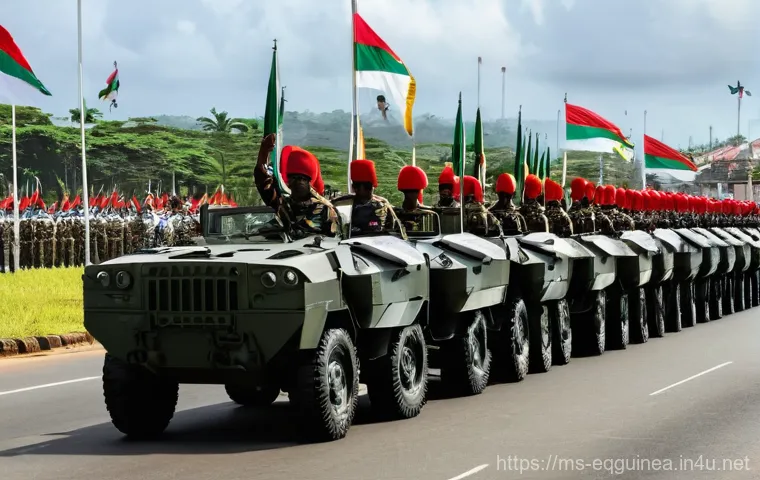 적도 기니의 국경일 및 공휴일 - **Equatorial Guinea Independence Day Parade:**
    A vibrant and joyful outdoor scene capturing Equa...