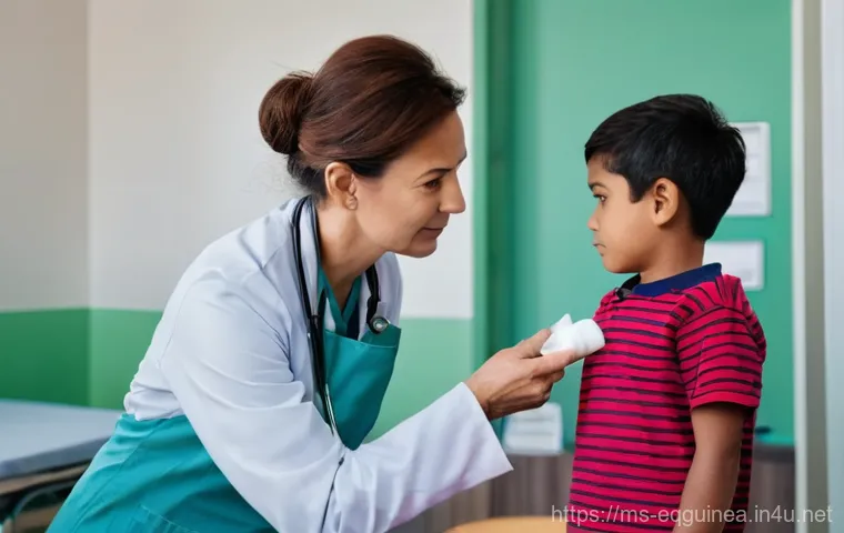 적도 기니에서의 의료 보험 및 응급 서비스 - **Prompt:** A compassionate female doctor, wearing a clean, professional lab coat over a modest blou...